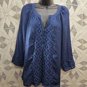 Valerie Stevens XL blue long sleeve blouse with lace accents.
